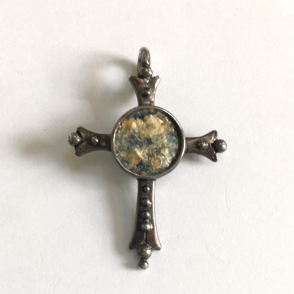 Solid Stamped 925 Sterling Silver Antique Roman Glass Cross Pendant for Necklace